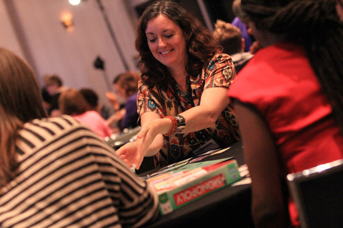 woman smiling playing game