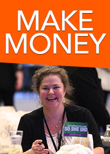 Make Money text with woman smiling